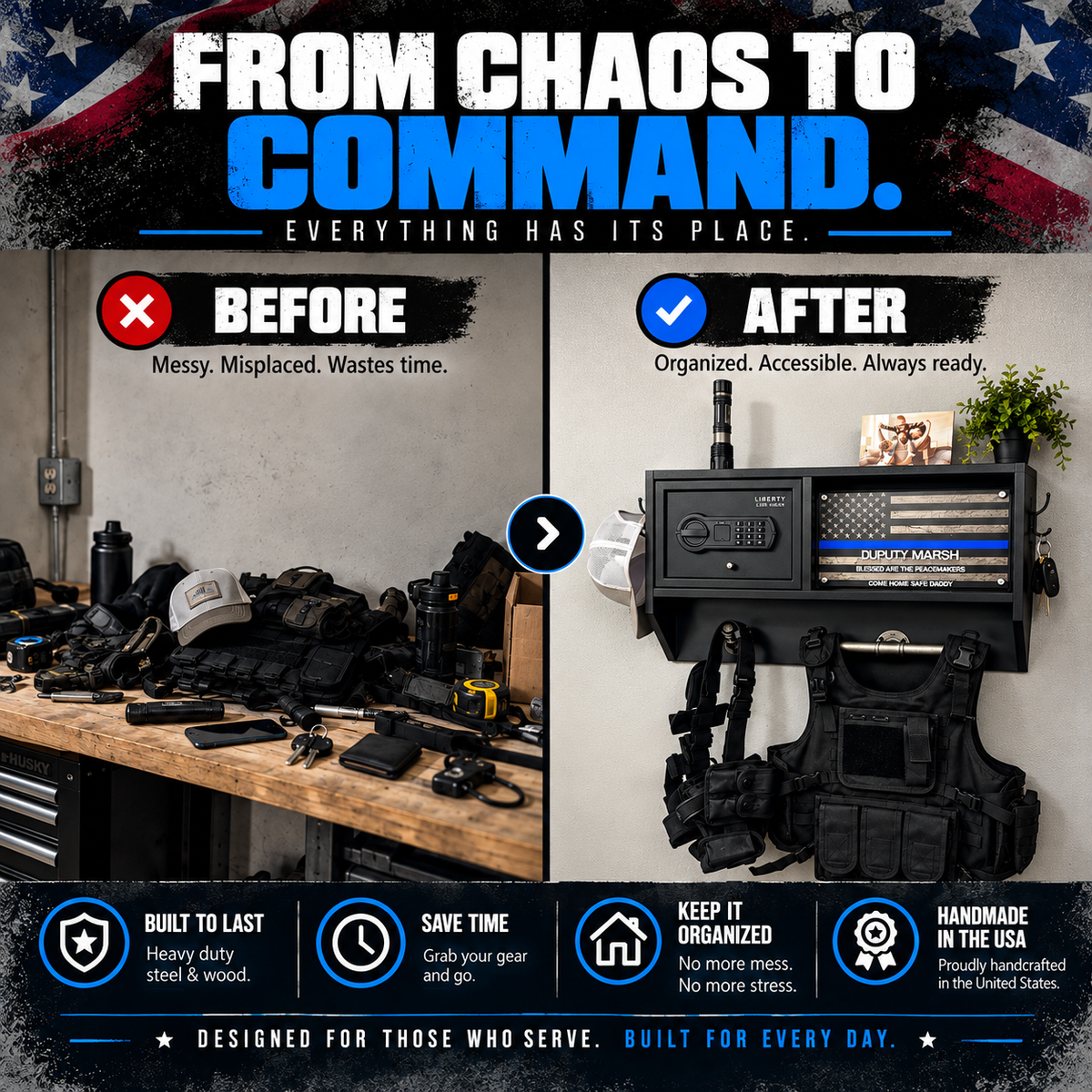 Personalized Police Gear Rack with Safe | Duty Vest & Belt Holder