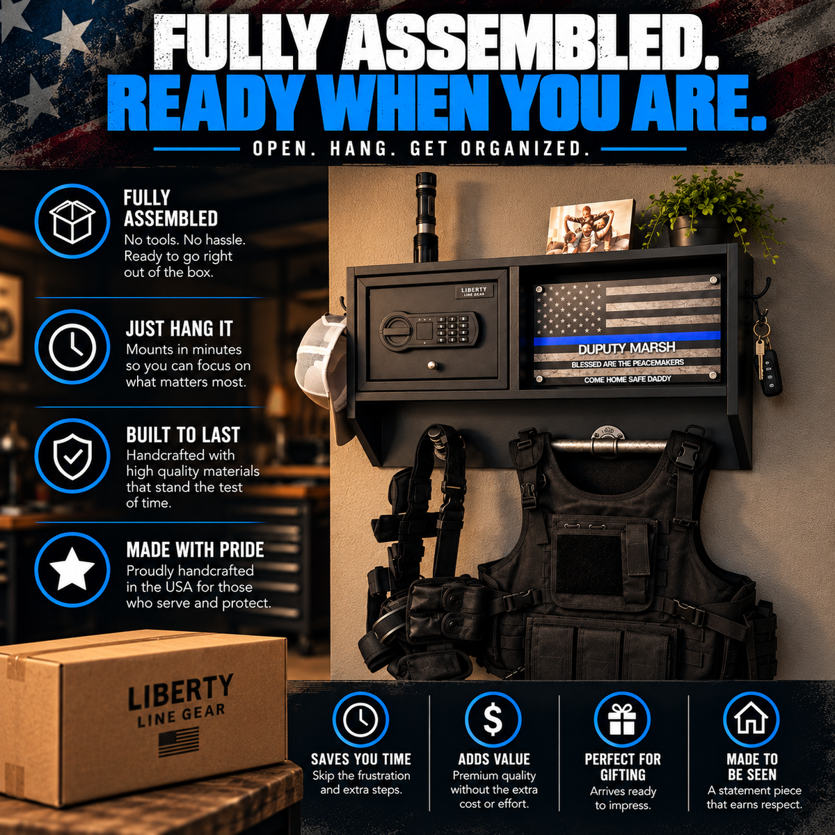 Personalized Police Gear Rack with Safe | Duty Vest & Belt Holder