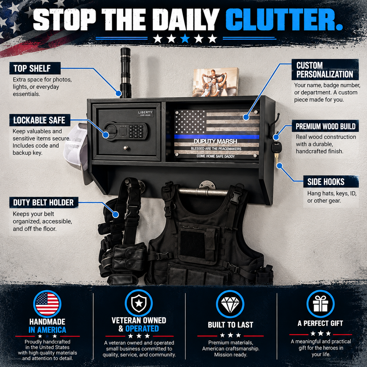 Personalized Police Gear Rack with Safe | Duty Vest & Belt Holder