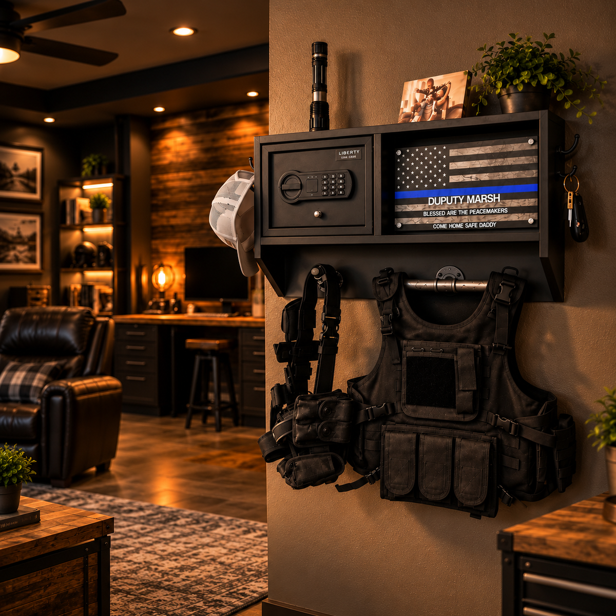 Personalized Police Gear Rack with Safe | Duty Vest & Belt Holder